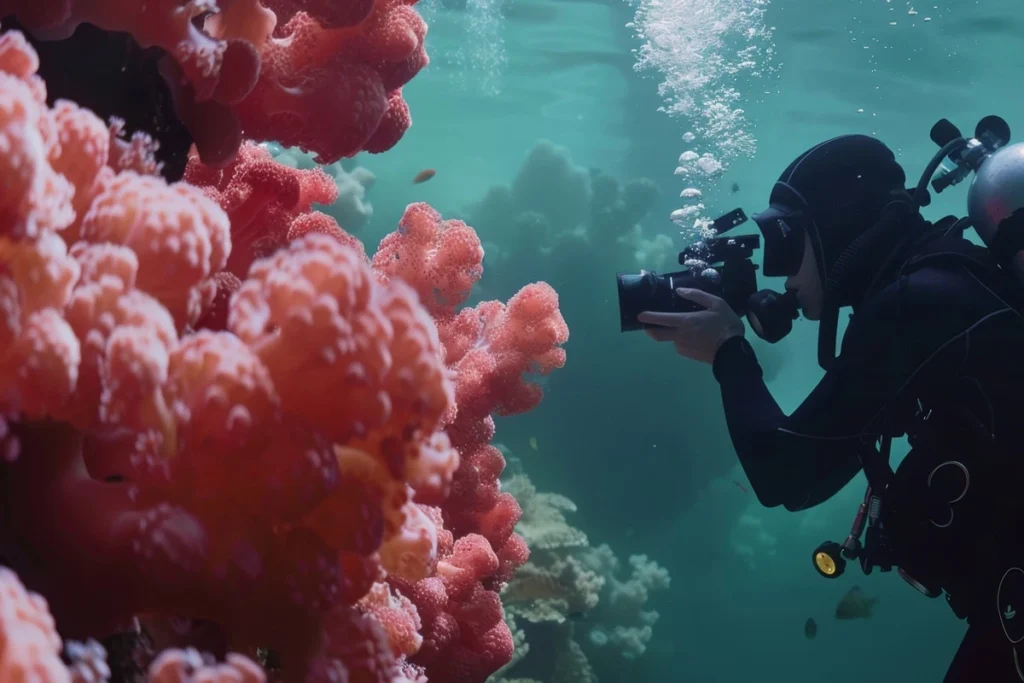 Mergulhador fotografando corais macios cor-de-rosa em ambiente subaquático