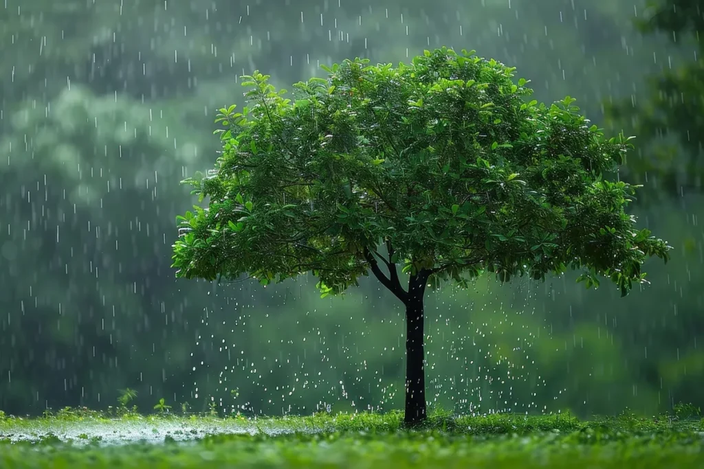 Árvore solitária com copa verde intensa sob chuva, destacando o efeito da precipitação na vegetação.