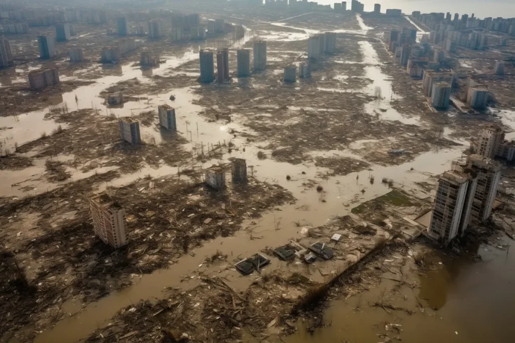 Vista aérea de cidade alagada com prédios cercados por água e destroços após enchente.