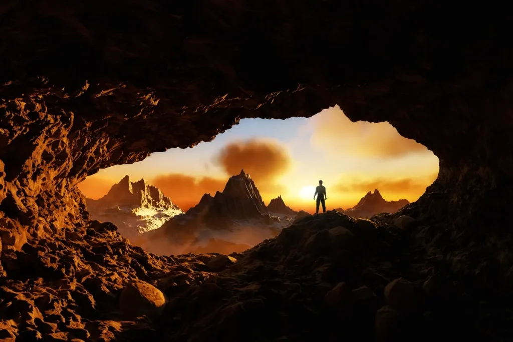 Homem em silhueta de pé na entrada de uma caverna, observando montanhas rochosas iluminadas pelo pôr do sol alaranjado.