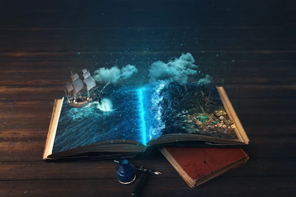 Livro aberto com ilustração 3D de navio, mar e ilha com tesouro emergindo das páginas