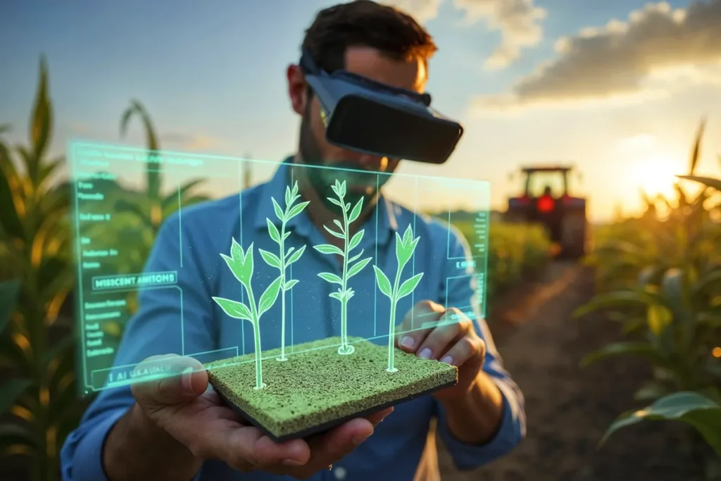Agrônomo usando óculos de realidade aumentada para analisar crescimento de plantas em ambiente agrícola