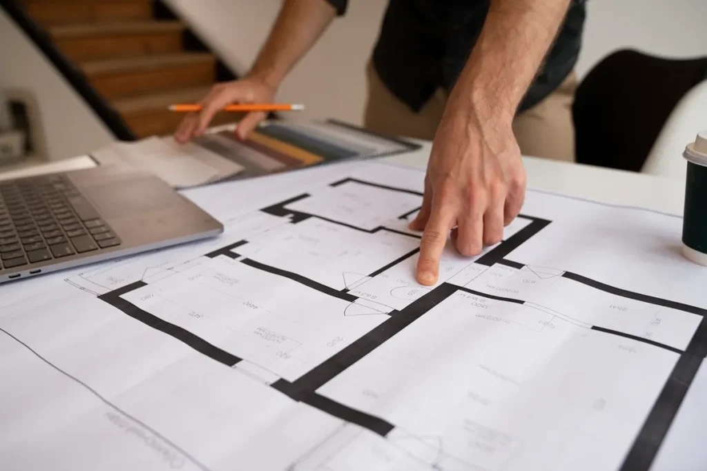 Pessoa apontando para planta baixa de construção sobre mesa com notebook e materiais de design