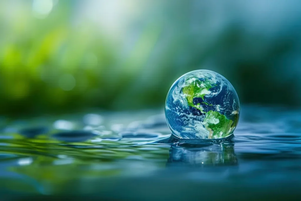 Representação do planeta Terra em formato de gota de água sobre superfície líquida, simbolizando ecologia e preservação do meio ambiente.