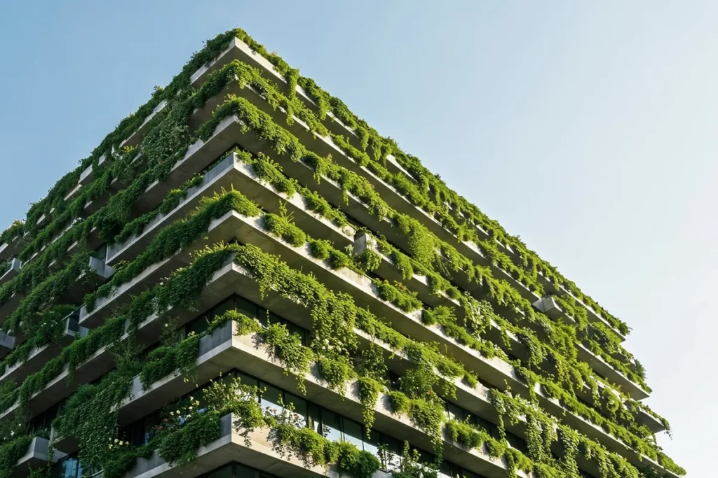 Prédio moderno com fachada coberta por vegetação, exemplo de arquitetura sustentável.