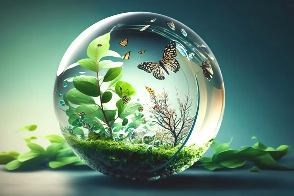 Terrário de vidro com plantas verdes, musgo e borboletas voando, simbolizando equilíbrio ecológico e biodiversidade.