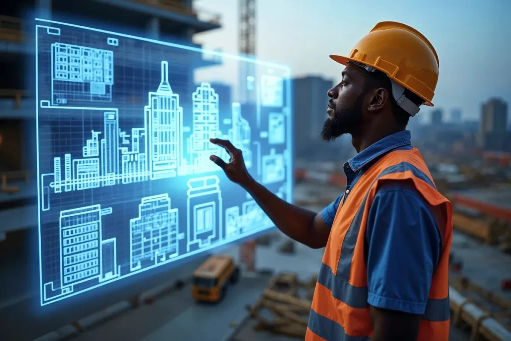 Engenheiro civil com capacete e colete refletivo interagindo com projeção digital 3D de planta arquitetônica.