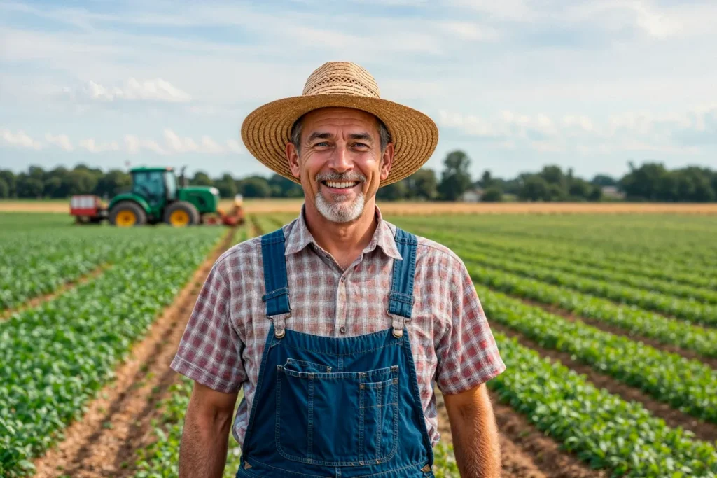 Homem com chapéu de palha e jardineira azul sorrindo em plantação agrícola com trator ao fundo