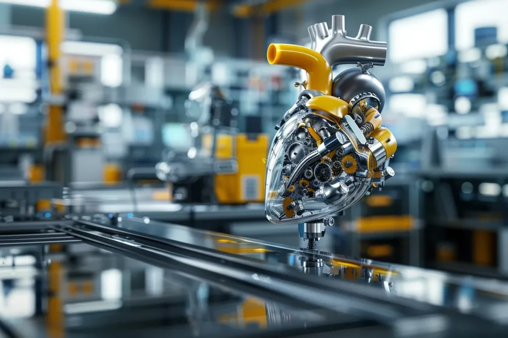 Modelo de coração mecânico com engrenagens e tubos metálicos em laboratório de engenharia, representando tecnologia e inovação.