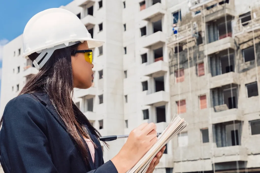 Engenheira civil com capacete branco e óculos de proteção anotando observações durante inspeção em obra.