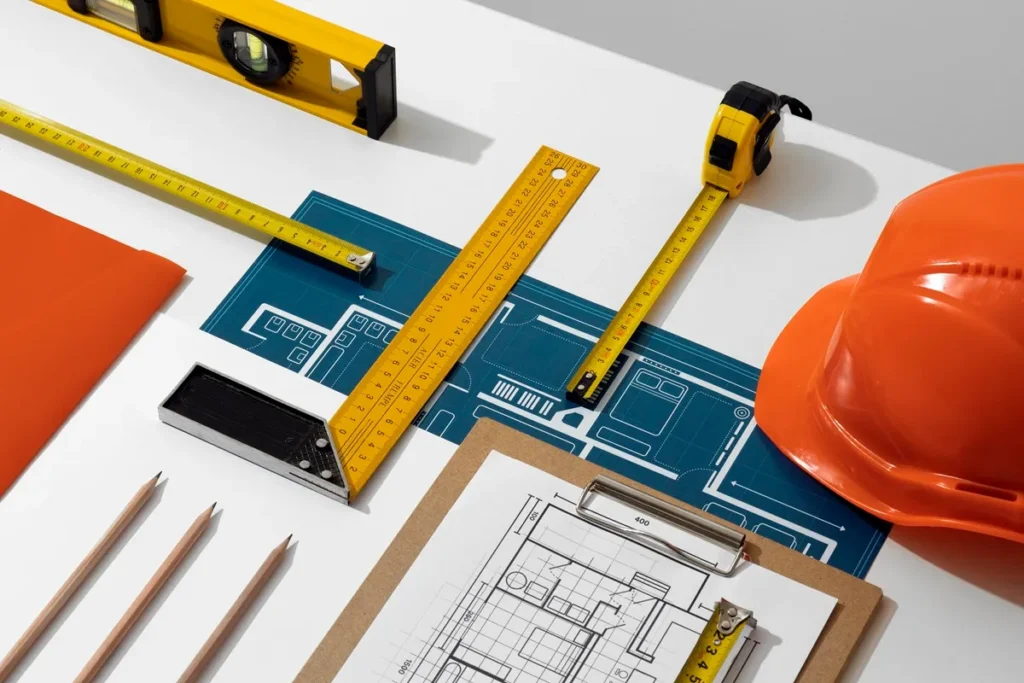 Capacete laranja, trenas, esquadro e plantas arquitetônicas sobre mesa de trabalho.