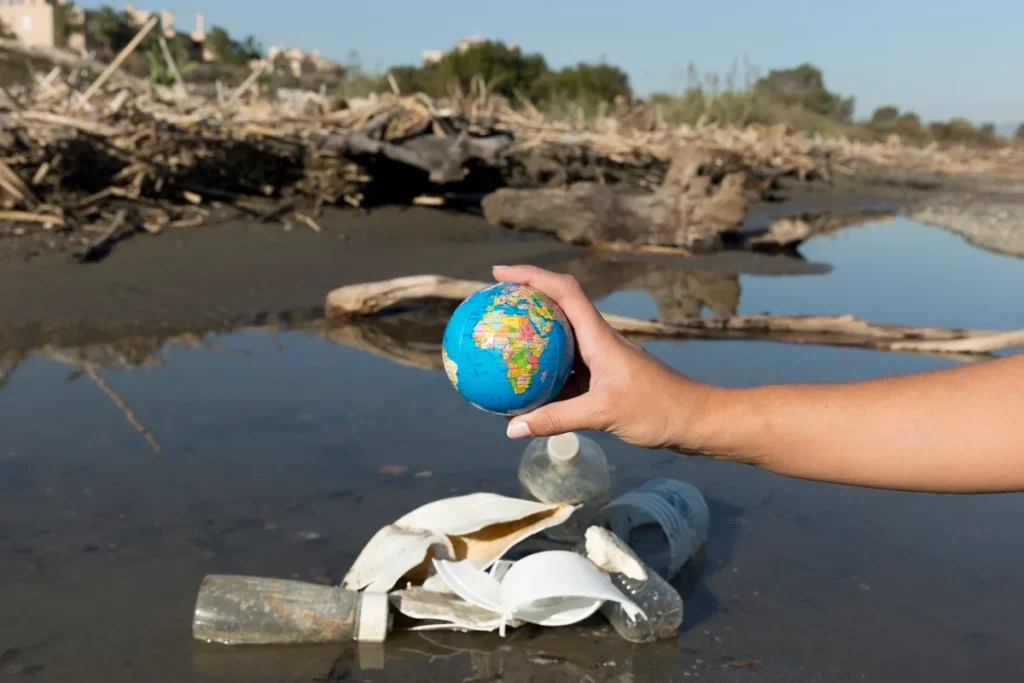Pessoa segurando um pequeno globo terrestre sobre rio poluído com garrafas plásticas e resíduos, simbolizando impacto ambiental.
