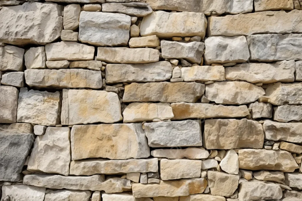 Textura de parede de pedras sobrepostas em tons bege e cinza, com blocos irregulares de diferentes formatos, criando um visual rústico e natural.