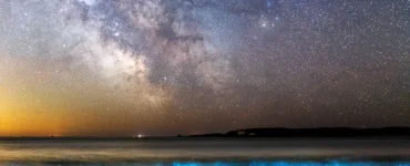 Mar com ondas bioluminescentes brilhando em azul sob um céu estrelado e a Via Láctea visível.