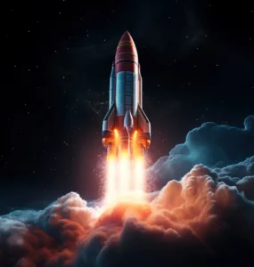 Foguete espacial decolando em meio a nuvens iluminadas pelo fogo dos propulsores, contra o fundo escuro do espaço estrelado.