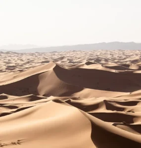 Vista ampla de dunas do deserto em tons dourados, iluminadas pelo sol com montanhas ao fundo.