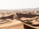 Vista ampla de dunas do deserto em tons dourados, iluminadas pelo sol com montanhas ao fundo.