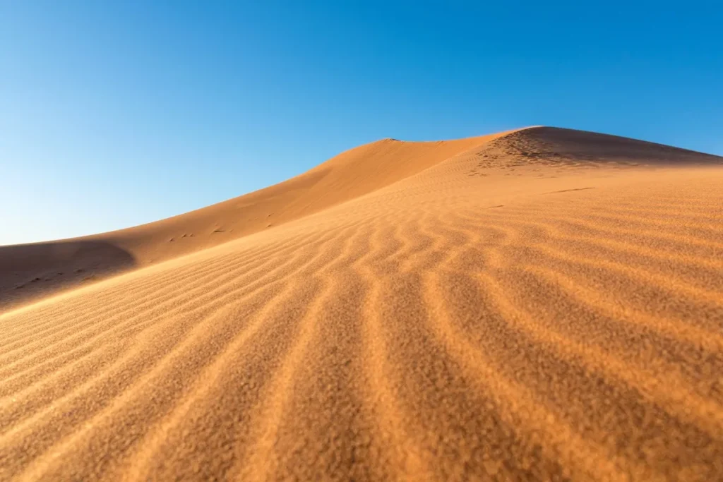 Duna de areia dourada com marcas onduladas iluminadas pelo sol sob céu azul claro no deserto.