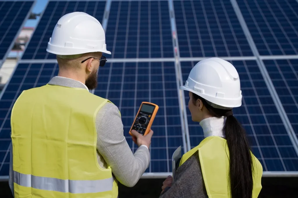 Engenheiros com capacetes brancos e coletes refletivos analisando painéis solares com medidor digital, representando inspeção e manutenção de sistemas fotovoltaicos.