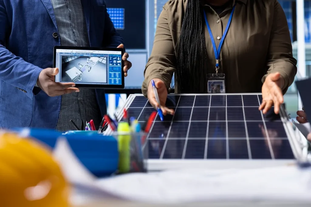 Engenheiros analisando painel solar em mesa de trabalho enquanto utilizam tablet com software de modelagem 3D, representando planejamento de projetos fotovoltaicos.