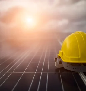 Capacete de segurança amarelo sobre painéis solares com sol ao fundo, simbolizando energia solar sustentável, inovação e segurança no trabalho.