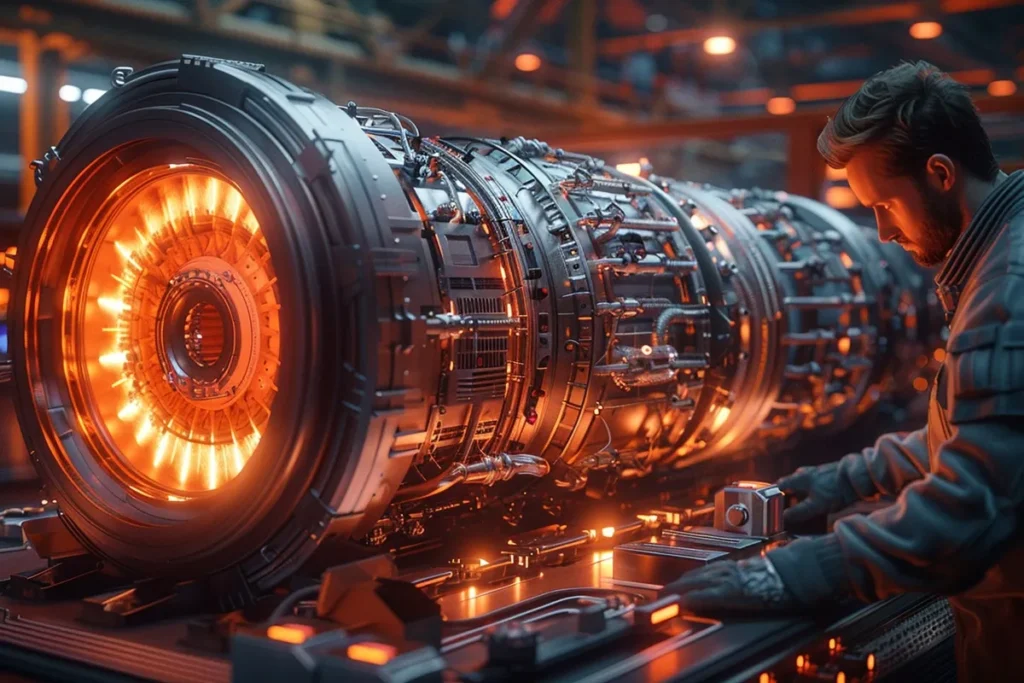 Engenheiro analisa motor espacial futurista iluminado em tons alaranjados, repleto de cabos e estruturas metálicas de alta tecnologia.