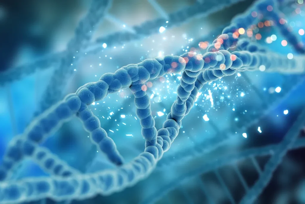 Representação 3D de molécula de DNA em formato de hélice dupla azul com partículas luminosas ao redor.