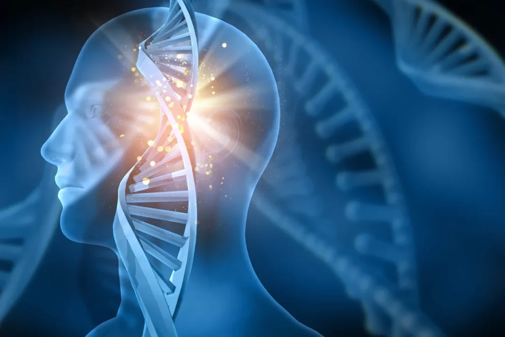 Ilustração de perfil humano em azul com hélice de DNA brilhante integrada à cabeça, simbolizando genética e mente.