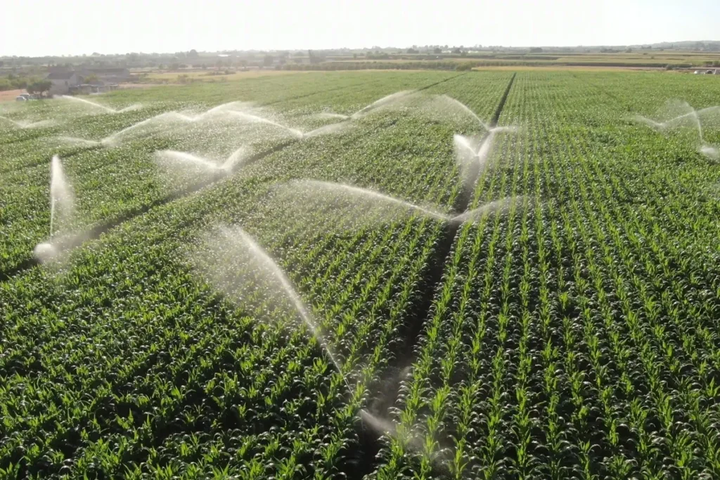 Plantação verde sendo irrigada por sistema de aspersão com jatos de água cobrindo fileiras de cultivo.