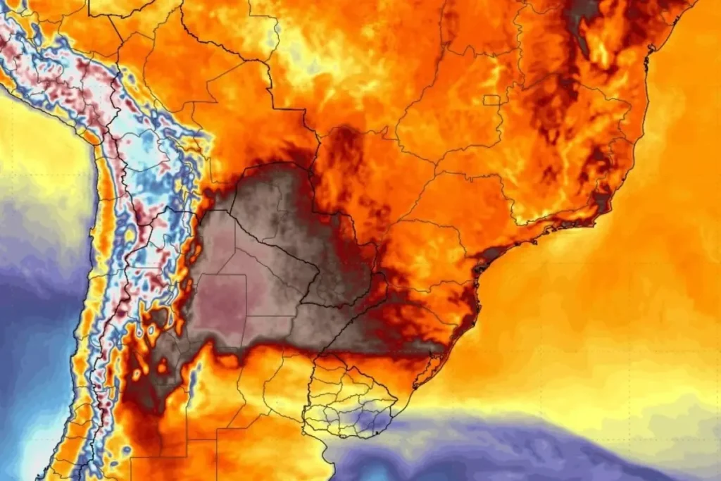 Mapa meteorológico mostra onda de calor intensa sobre Brasil, Paraguai e Argentina, com áreas em vermelho e laranja representando altas temperaturas.