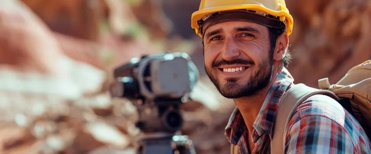 Engenheiro topógrafo sorridente com capacete amarelo, camisa xadrez e equipamento de medição em área rochosa ao ar livre.