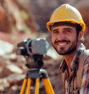 Engenheiro topógrafo sorridente com capacete amarelo, camisa xadrez e equipamento de medição em área rochosa ao ar livre.