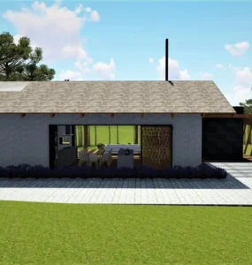 Casa térrea moderna com telhado inclinado, grandes aberturas laterais para ventilação cruzada, área social integrada e cercada por jardim verde.