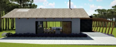 Casa térrea moderna com telhado inclinado, grandes aberturas laterais para ventilação cruzada, área social integrada e cercada por jardim verde.