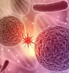 Ilustração microscópica 3D mostrando células-tronco e micro-organismos em fundo rosado e lilás, com destaque para a interação entre as estruturas celulares e um agente infeccioso.