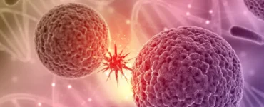 Ilustração microscópica 3D mostrando células-tronco e micro-organismos em fundo rosado e lilás, com destaque para a interação entre as estruturas celulares e um agente infeccioso.