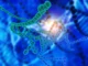 Imagem microscópica mostrando cadeias de bactérias esféricas em tons de verde sobre fundo azul, com luz brilhante ao centro, representando microrganismos e processos biológicos.