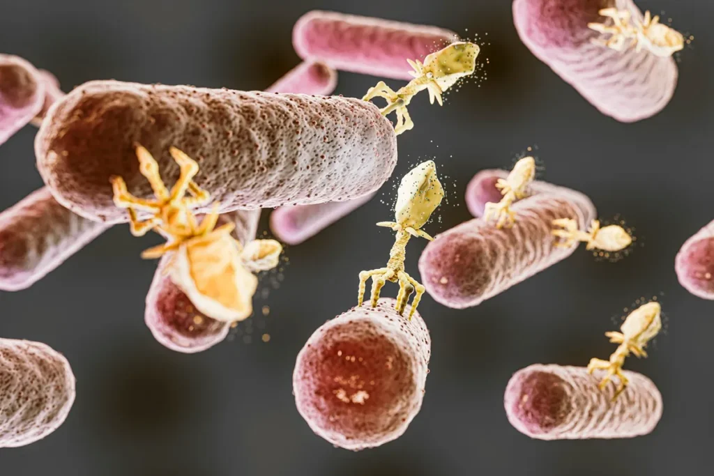 Imagem microscópica de vírus bacteriófagos aderidos à superfície de bactérias, mostrando os microrganismos alongados em tons de rosa e os vírus em amarelo dourado sobre fundo escuro.