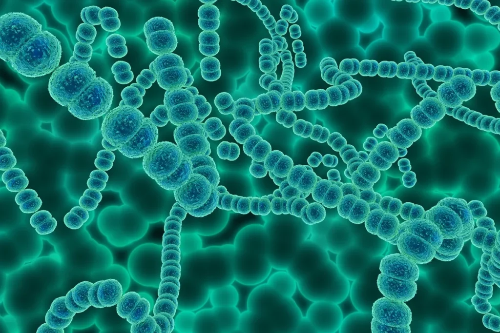 Imagem microscópica mostrando cadeias de bactérias em formato esférico conectadas entre si, com coloração azul-esverdeada sobre fundo escuro.