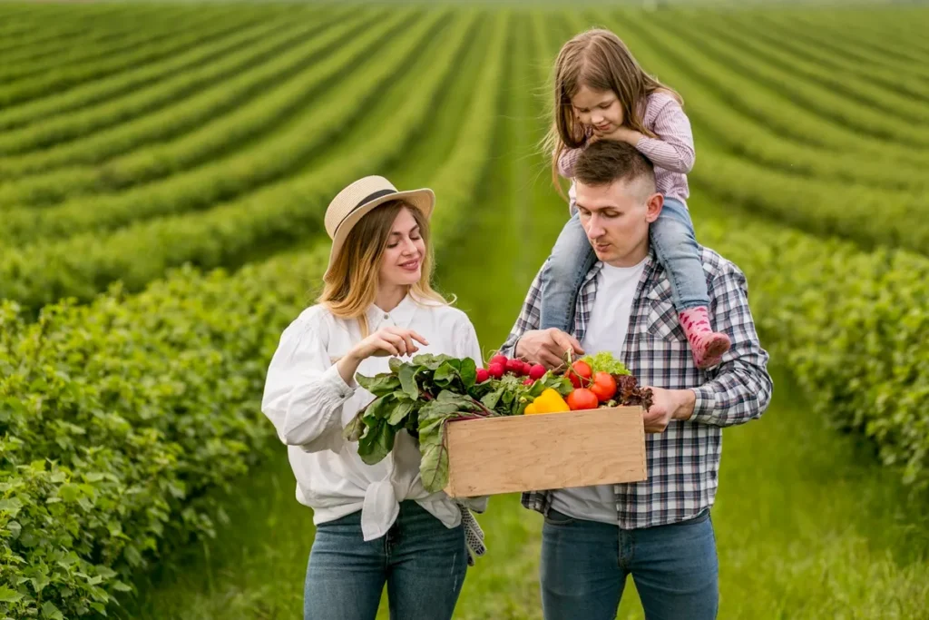 Família com uma criança em um campo agrícola segurando uma caixa de legumes e verduras frescas, representando a agricultura familiar e alimentação saudável.