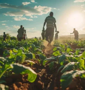 Trabalhadores rurais cultivando uma plantação verde sob a luz do pôr do sol, representando a agricultura familiar e o trabalho sustentável no campo.
