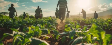 Trabalhadores rurais cultivando uma plantação verde sob a luz do pôr do sol, representando a agricultura familiar e o trabalho sustentável no campo.