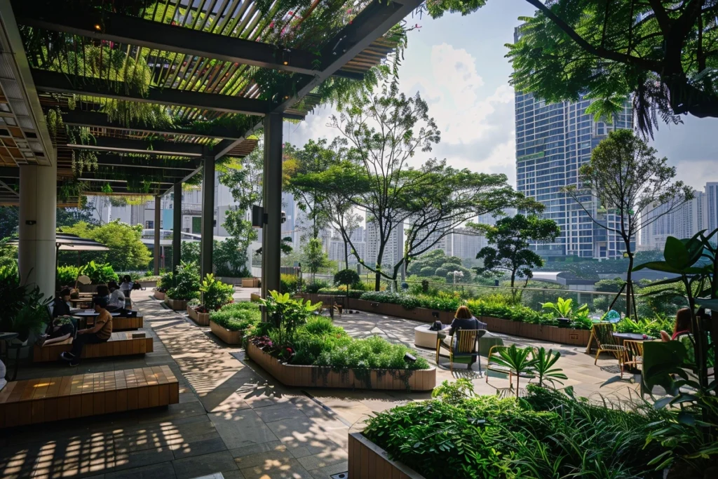 Espaço urbano com design paisagístico moderno, repleto de plantas, árvores e áreas de convivência ao ar livre, com vista para prédios altos ao fundo sob luz natural.