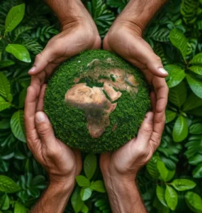 Mãos humanas segurando um globo coberto de musgo, representando o planeta Terra em meio a folhas verdes, simbolizando a preservação ambiental e o cuidado com a natureza