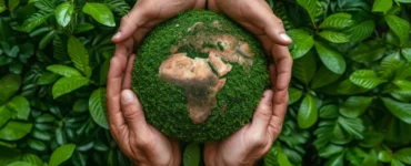 Mãos humanas segurando um globo coberto de musgo, representando o planeta Terra em meio a folhas verdes, simbolizando a preservação ambiental e o cuidado com a natureza