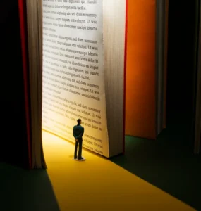Miniatura de pessoa observando um livro gigante iluminado, representando a busca pelo conhecimento e a importância da divulgação científica.