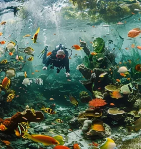 Mergulhador com equipamento de cilindro explora um recife de corais repleto de peixes tropicais coloridos, algas e formações marinhas vibrantes.