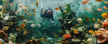Mergulhador com equipamento de cilindro explora um recife de corais repleto de peixes tropicais coloridos, algas e formações marinhas vibrantes.
