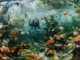 Mergulhador com equipamento de cilindro explora um recife de corais repleto de peixes tropicais coloridos, algas e formações marinhas vibrantes.