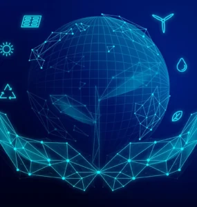 Ilustração digital de mãos sustentando o planeta com ícones de energia renovável, reciclagem, sol e água, simbolizando eficiência energética e sustentabilidade global.